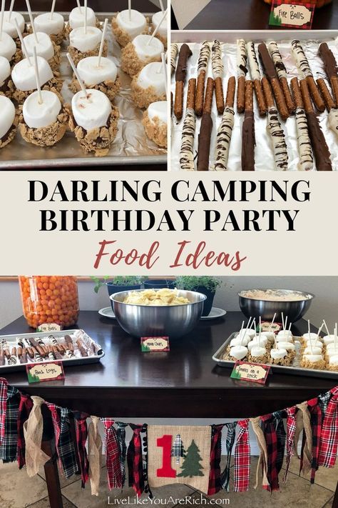 Adventure Theme Food Ideas, Camping Birthday Party Food Ideas, Camp Party Food Ideas, Camp Theme Food Ideas, Lumberjack Themed Food, Campfire Themed Food, Camp Theme Party Food, One Happy Camper Party Food, Camping Theme Birthday Party Food