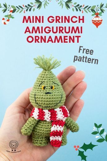 International Crochet Day, Night Before Christmas Crochet Free Pattern, The Grinch Free Crochet Pattern, Crochet The Grinch Free Pattern, Easy Sew Christmas Decorations, Crocheted Christmas Amigurumi, The Grinch Amigurumi Free Pattern, Mini Crochet Christmas Amigurumi, Crochet Free Christmas Ornaments