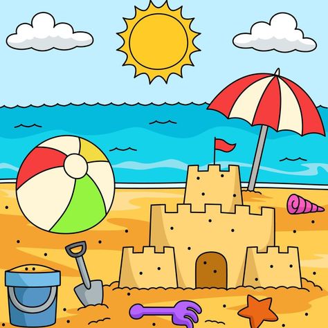 Toys On The Beach Colored Cartoon Illustration Summer Drawing Ideas, Scenery Drawing For Kids, Beach Cartoon, Beach Coloring Pages, Summer Drawings, Beach Drawing, Beach Clipart, Easy Drawing Steps, Cartoon Drawing Tutorial