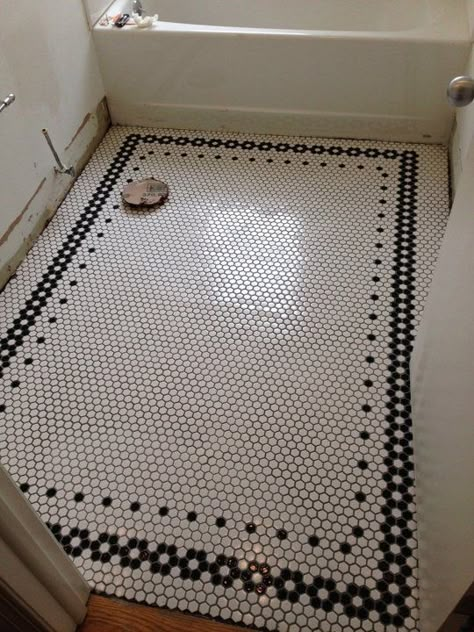 5 favorite tile options for bathrooms - French Country Cottage 1920s Bathroom, Penny Tiles Bathroom, Penny Tile Floors, Black And White Tile, Penny Tile, Black And White Tiles, Vintage Bathrooms, Upstairs Bathrooms, Bathroom Floor Tiles