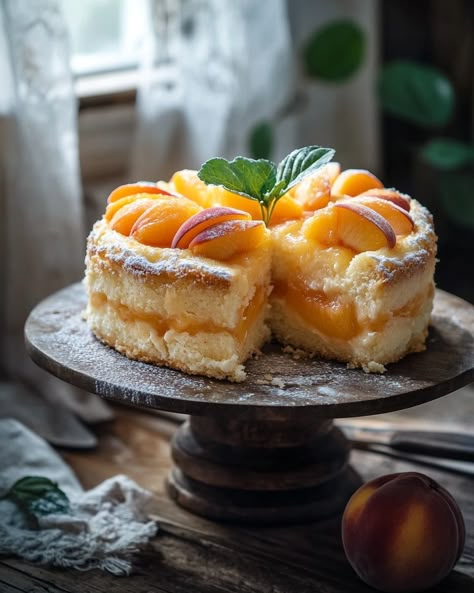 🍑 Irresistible Summer Peach Cake 🍰 A moist and flavorful cake filled with juicy peaches, perfect for summer gatherings or a sweet treat with a cup of coffee. Drizzled with peach preserves, this cake is a delicious celebration of the season's finest fruit! 🥄 Ingredients • 2 cups (250g) all-purpose flour • 1 1/2 cups granulated sugar • 1 cup unsalted butter, softened • 4 large eggs • 1/2 cup milk • 2 tsp baking powder • 1/2 tsp salt • 1 tsp vanilla extract • 2 cups fresh peaches, cho... Powdered Milk Recipes, Peach Cake Recipe, Peach Cakes, Food Photography Cake, Fresh Fruit Cake, Peach Preserves, Summer Cake, Peach Desserts, Peach Cake