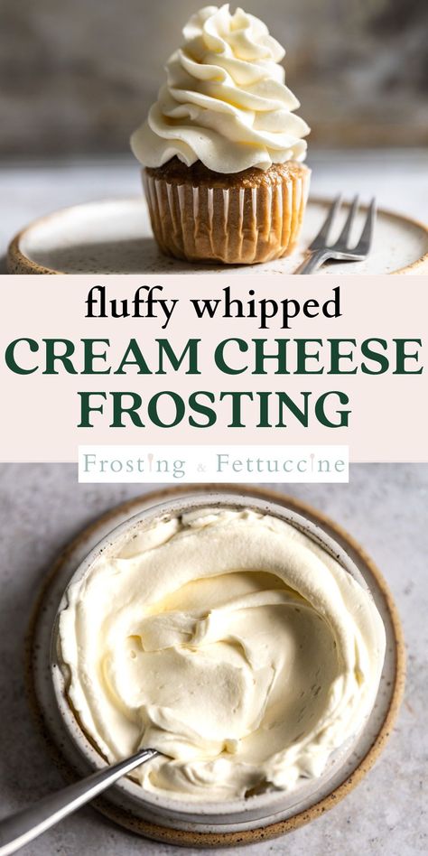 This homemade whipped frosting recipe with cream cheese uses only 4 ingredients to create a light and airy frosting for cupcakes or cakes! It's stable at room temperature and holds it shape for piping, too. This homemade cream cheese frosting is a sweet and tangy frosting perfect for any dessert. Light And Airy Whipped Cream Frosting, Light Whipped Cream Frosting, Different Frosting Flavors, Buttercream Icing Recipe For Cupcakes, Cream Cheese Icing Recipe For Cake, Whip Cream Cream Cheese Frosting, Whipped Cream Cheese Frosting For Cake, Fluffy Whipped Cream Frosting, Ina Garten Cream Cheese Frosting