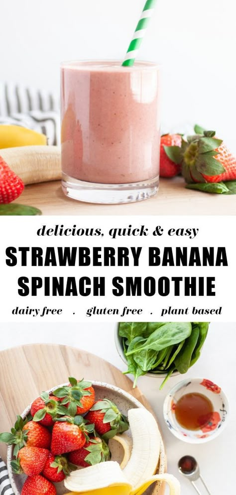 Learn how to make the best healthy and easy strawberry banana smoothie with spinach! This green twist on a strawberry and banana smoothie is dairy free, gluten free, and packed with protein! Smoothie With Spinach, Banana Spinach Smoothie, Spinach Smoothie Recipes, Smoothies Healthy, Healthy Strawberry, Smoothie Drink Recipes, Strawberry Banana Smoothie, How To Eat Healthy, Spinach Smoothie