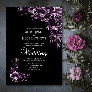 Purple Wedding Invitations Templates, Dark Purple Wedding Theme, Purple Black Wedding, Purple Monochrome, Dark Purple Wedding, Purple Wedding Invitation, Gothic Wedding Theme, Purple Floral Wedding, Gothic Wedding Invitations