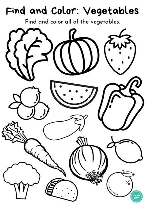 Colour The Vegetables Worksheet, Color The Fruits Worksheet, Fruit And Vegetables Worksheet Preschool, Vegetables Activity For Preschool, Vegetable Preschool Activities, Vegetables Worksheets Kindergarten, Fruits And Vegetables Worksheet For Kids, Vegetable Worksheets Preschool, Vegetable Theme Preschool