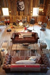 Barn and Entertainment/Music Performance Space - farmhouse - family room - new york - by Kelly & Co. Mid Century Music Studio, Music Studio Lounge, Small Music Studio Ideas, Music Studio Design, Professional Recording Studio, Rustic Family Room, Music Room Design, Farmhouse Family Rooms, Drum Room