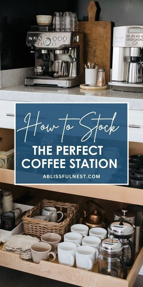 Transform your mornings with the perfect coffee station! Transition a small space to a home coffee bar with this list & steps. Check my blog and know the space-saving ideas, essential equipment, and stylish decor tips to create the ultimate home coffee station.  #coffeelovers #homedecor #coffeestation Organizing Coffee Station, Pantry Coffee Station, Coffee Station Ideas Countertop, Coffee Shack, Office Coffee Station, Tea Bars, Community Cafe, Home Coffee Station, Coffee/wine Bar