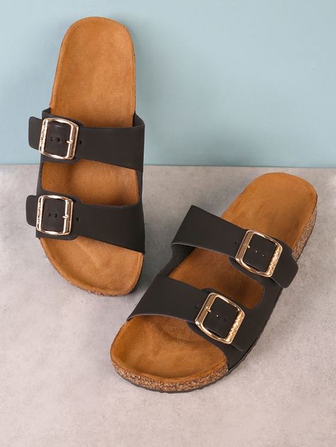 Double Buckle Cork Footbed Slide Sandal -SheIn(Sheinside) Women Flat Sandals, Industrial Architecture, Sandal Online, Slides Sandals, Buckle Sandals, Fashion Sandals, Womens Sandals Flat, Flat Sandals, Slide Sandals