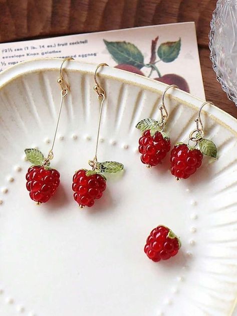 Fruits Jewelry, Handmade Berry Earrings For Gift, Strawberry Earrings, Berry Earrings, Cute Red Earrings With Fruit Design, Strawberry Earrings Aesthetic, Earrings Strawberry, Raspberry Earrings, Red Fruit Design Dangle Jewelry