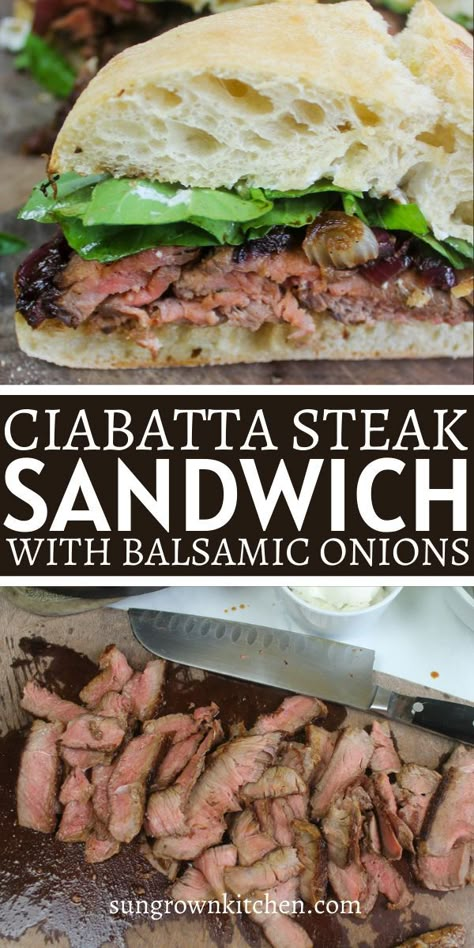 Sliced medium rare steak made into ciabatta sandwiches with balsamic onions. Sliced Steak Sandwich Recipes, Crockpot Steak Sandwiches, Round Steak Sandwich Recipes, Chibata Sandwich Recipe, Steak Sandwiches Recipes, Shaved Steak Sandwich, Ciabatta Burger, Steak Sandwich Sauce, Ciabatta Bread Sandwich