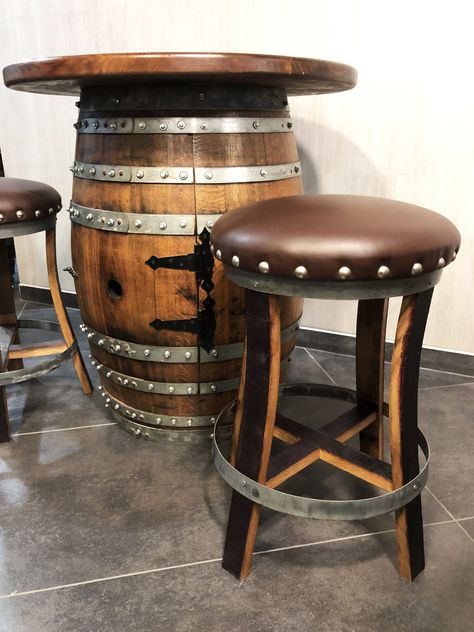 Free Shipping! Are you looking for comfortable and unique styled furniture to relax and enjoy your wine? Well, look no more – you have come to the right place! Our handmade furniture will surely be a great-looking addition to any sophisticated wine space! Barrel Stave Bar Stools are incredibly well handmade from solid oak Bordeaux-type barrel staves and metal hoops. Each stool has authentic wine stains, which highlight uniqueness and exclusivity in every piece. Memory foam round seats and well-p Wine Barrel Bar Stools, Oak Barrel Furniture, Wine Barrel Chairs, Unique Bar Stools, Barrel Ideas, Basement Redo, Wine Barrel Furniture, Barrel Bar, Home Bar Sets