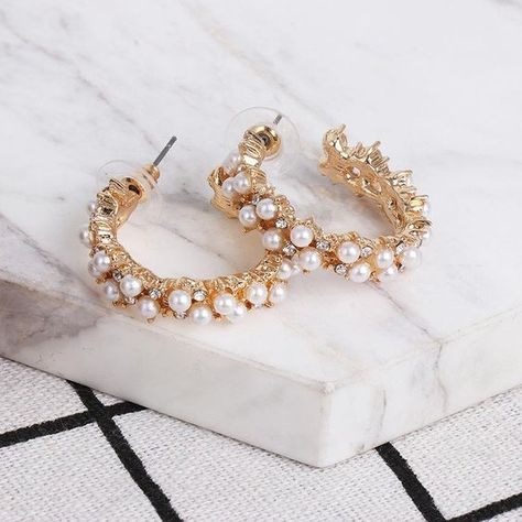 Geometric Earrings Pearl Alloy Diamond Earrings NHJJ185396 Pearl Statement Earrings, Circle Jewelry, Pearl Necklace Designs, Big Pearl, Alloy Earrings, Link Earrings, Beaded Drop Earrings, Pearl Hoop Earrings, Crystal Drop Earrings