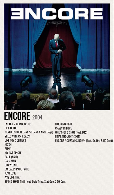 minimal poster of the album encore by eminem Encore Album Cover, Eminem Poster Aesthetic, Emeniem Posters, Eminem Wall Prints, Eminem Minimalist Poster, Eminem Polaroid Poster, Eminem Songs Wallpaper, Eminem 90s Aesthetic, Eminem Album Poster