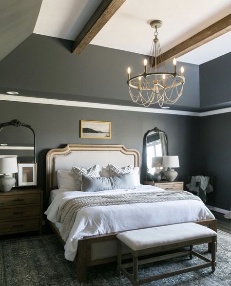 Moody Master Suite, Beams In Tray Ceiling, Tray Ceiling With Beams, Vaulted Tray Ceiling, Tray Ceiling Bedroom, Colonial Style Bedroom, Wood Carved Headboard, Moody Master, Brown Accent Wall