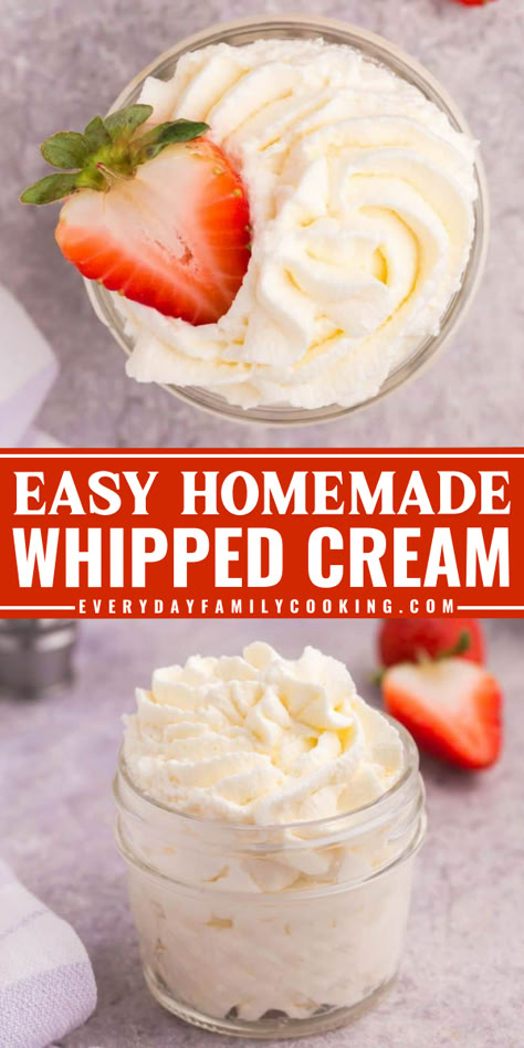 For the perfect homemade whipped cream recipe, chill your bowl in the freezer! It’s the trick to fluffy, stable, delicious whipped cream every time. Thick Whip Cream Recipe, Whipped Cream From Heavy Cream, Easy Whip Cream Recipe, Cheesecake Whipped Cream Topping, Deserts Using Heavy Whipping Cream, Fluffy Whipped Cream, Homemade Vanilla Whipped Cream, Home Made Cool Whip Recipes, How To Make Whip Cream With Heavy