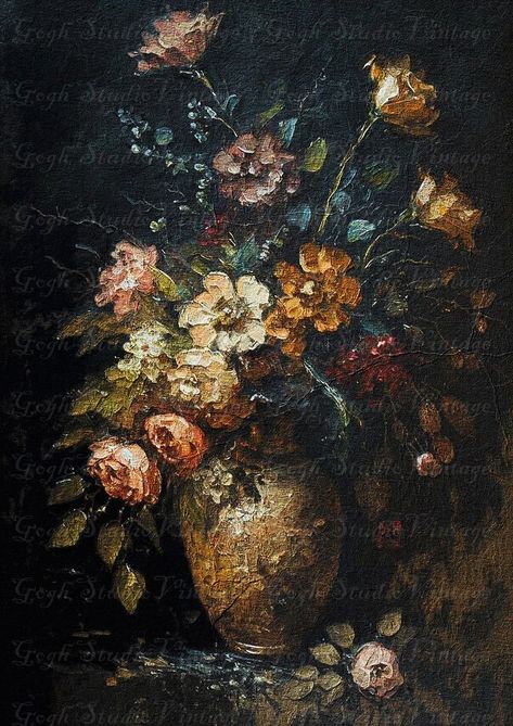 Old Paintings Flowers, Victorian Paintings Aesthetic Dark, Moody Floral Wall Art, Art With Dark Background, Antique Flower Painting, Dark Floral Artwork, Black Background Floral Painting, Dark Impressionist Paintings, Vintage Oil Painting Aesthetic