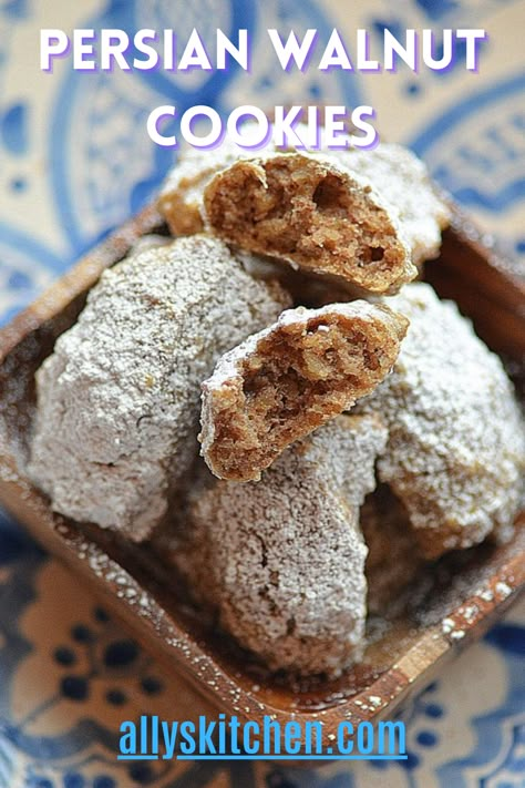 Persian walnut cookies or naan-e gerdooi melt in your mouth with every bite. Gluten-free and easy to make, this cookie recipe will be a family fave! #cookierecipe #easycookie Turkish Cookies, Walnut Cookie Recipes, Recipes Chili, Walnut Recipes, Walnut Cookies, Biscotti Recipe, Italian Cookies, Persian Food, Almond Cookies