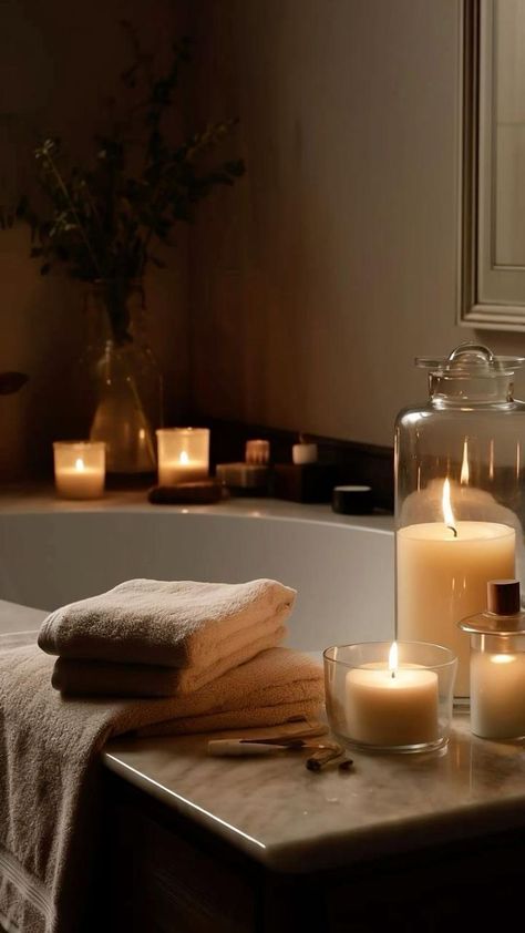 Personal Bathroom, Cosy Candles, Cozy Bath, Bath Aesthetic, Amber Jar Candle, Bathtub Caddy, Spa Candle, Bathroom Oasis, Meditation Candles