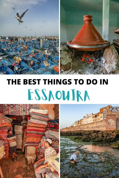 Some of the best places to visit in Essaouira Morocco, including the fishing boats, the rampart walls and carpet shops. Morocco Mediterranean, What To Do In Morocco, Essaouira Morocco, Morocco Essaouira, Morocco Places To Visit, Traveling To Morocco, Essaouira Aesthetic, Ifrane Morocco, Surf Morocco