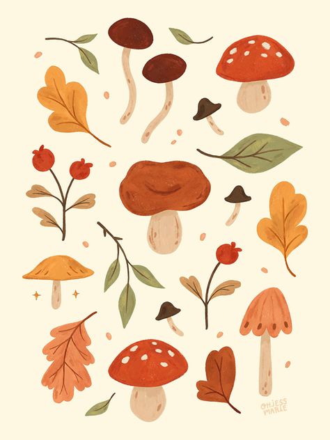 Autumn Poster Prints, Pottery Painting Mushroom Design, Maple Leaves Illustration, Fall Mushroom Art, Fall Theme Drawings, Fall Forest Illustration, Fall Leaf Illustration, Autumn Leaf Illustration, November Drawing Ideas