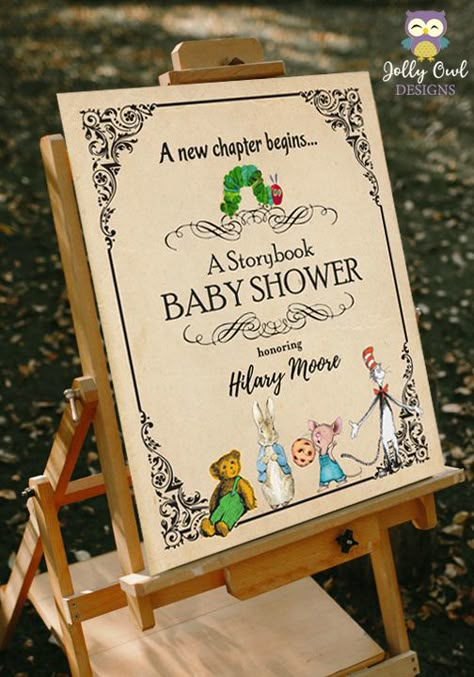 Add an eye-catching sign to welcome your guests on your Book themed or Storybook party! Whether it's a baby shower or a birthday party, this welcome sign is a perfect thing at your party entrance! #StorybookPartySign #BookParty #WelcomeSign Gender Reveal Book Theme, Story Book Theme Nursery, Baby Shower A New Chapter Begins, Storybook Gender Reveal, Nursery Story Book Theme, Storybook Party Decorations, Storybook Tea Party, Baby Book Shower Theme, Baby Book Baby Shower Theme