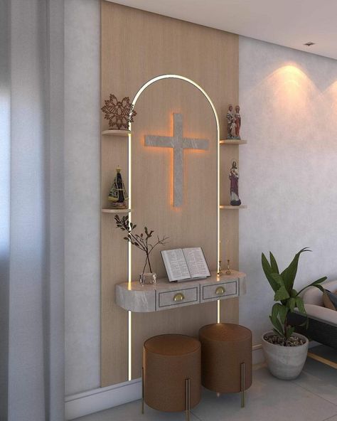 Wall Altar Ideas Catholic, Catholic Home Altar Ideas Living Rooms, Home Altar Catholic, Prayer Room Ideas, House Renovation Projects, Altar Design, Church Interior Design, Catholic Decor, Prayer Corner