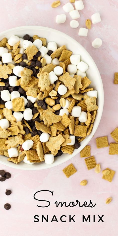 S'mores Snack Mix, quick treat for kids, s'mores recipe, trail mix dessert, recipe with marshmallows, teddy grahams, chocolate snack mix Trail Mix With Marshmallows, Snack Mix With Teddy Grahams, Slow Cooker Trail Mix Recipes, S’mores Trail Mix Recipe, Teddy Graham Trail Mix Recipe, Bear Trail Mix Teddy Grahams, Smores Trail Mix Recipe, Teddy Bear Trail Mix Recipe, Kids Trail Mix Ideas