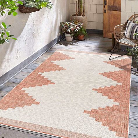 Hauteloom Djugun Outdoor Area Rug - Outside Porch Patio Rug Carpet - Waterproof Rug - Geometric - Pink, Cream, Salmon, Beige - 7'10" x 10'2" Terracotta Outdoor Rug, Aztec Artwork, Waterproof Rug, Farmhouse Area Rugs, Patio Rug, Rose Cream, Moroccan Area Rug, Outdoor Setting, Deck Ideas