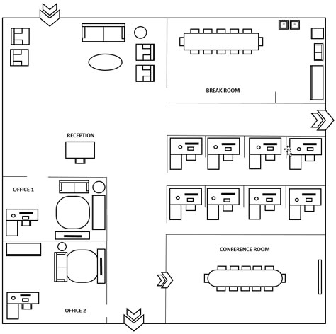 OFFICE LAYOUT Office Reception Floor Plan, Office Floorplan Layouts, Office Room Layout Plan, Bullpen Office Layout, Simple Office Layout, Office Floor Plan Layout, School Staff Room, Cafe Floor, Cafe Floor Plan