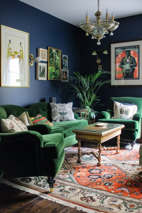 Discover 39+ Ways to Create a Refreshing Blue and Green Living Room Navy And Green Interior, Green Sofa Room Ideas, Deep Blue Living Room Walls, Green Couch Blue Walls, Navy And Green Living Room, Living Room With Green Sofa, Blue And Green Room, Snug Room Ideas, Living Room Green Sofa