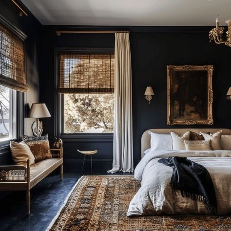 Dark Room Bedding Ideas, Moody Master Bedding Ideas, Dark Feminine Luxury Aesthetic, Moody Bedroom Mood Board, Dark Blue House Interior, Elegant Primary Bedroom, Moody Blue Bedroom Ideas, Dark Feminine Interior Design, Primary Room Ideas