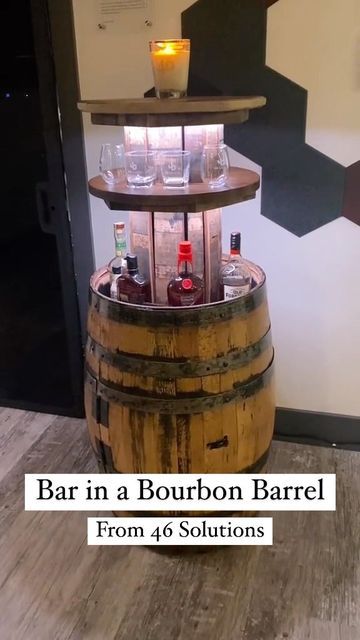 Whisky Barrel Bar, Whiskey Barrel Bar Ideas, Barrel Bar Ideas, Bourbon Barrel Projects, Bourbon Display Ideas, Diy Corner Bar, Whiskey Barrel Ideas, Bourbon Barrel Decor, Bourbon Barrel Bar