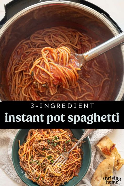 Only a few simple ingredients make up this whole wheat Instant Pot Spaghetti recipe that your family will love. You’ll have a nutritious dinner done in about 15-20 minutes and will only dirty up one pot! You can make it with our optional meat sauce (delicious!) or no meat at all. Easy Instant Pot Spaghetti, Speggetti Recipes, Instant Pot Spaghetti Recipe, Spaghetti With Meat, Delicious Instant Pot Recipes, Instant Pot Spaghetti, Pasta Marinara, One Pot Spaghetti, Thriving Home