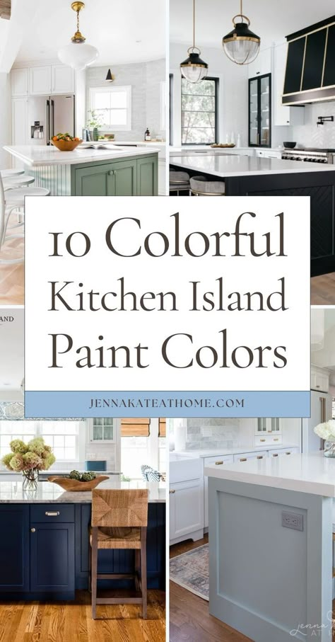 Looking for kitchen island paint colors ideas in 2024? Try these modern options that include green and blue, perfect for adding contrast in a white kitchen. These coastal kitchen island paint colors bring a fresh vibe. Get inspiration from these paint color options for your painted kitchen island! White Kitchen Painted Island, Painted Island Kitchen, Brown And Blue Kitchen, Kitchen Island Color Ideas, Kitchen Island Paint Colors, Accent Kitchen Island, Kitchen Island Accent, Colorful Kitchen Island, Island Color Ideas