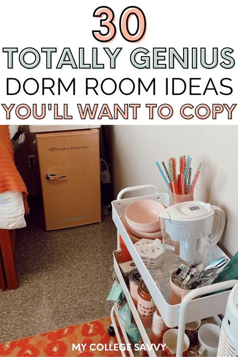 Ikea Dorm Room Hacks, Maximize Dorm Space, List Of Things To Bring To College, College Dorm Room Organization Hacks, Dorm Room Closet Organization Ideas, College Dorm Rooms Ideas, What To Bring To College Dorm, Food Storage Dorm Room, Dollar Tree Dorm Decor