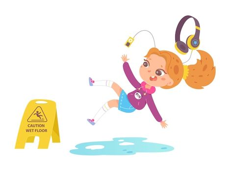 Character Listening To Music, Boo Board, Wet Floor Signs, Vector Girl, Slippery Floor, Wet Floor, Picture Day, Kid Character, Slip And Fall