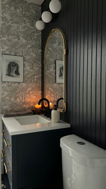 Moody Bathroom Cabinets, All One Color Bathroom, Dark Toned Bathroom, Guest Bathroom Ideas Dark, Diy Home Bathroom, High End Half Bathroom, Dark And Moody Guest Bathroom, Bathroom With Wayne’s Coating, Small Dramatic Bathroom