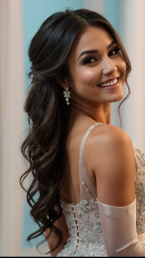 Dazzling Bridesmaid Hair Inspirations: Make Heads Turn! - pulsepathlife.com Asian Bridesmaid Hair Half Up Half Down, Half Updo Brunette, Side Hair Ponytail, Curled Hair Middle Part, Wedding Hair Down Side Part, Loose Curls Half Up Half Down, One Side Up Wedding Hair, Brides Maids Hairstyle Long Hair, Half Up Half Down Wedding Hair With Bangs