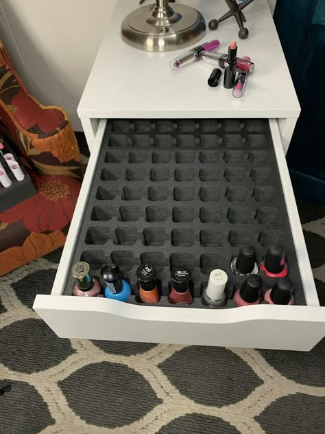 (paid link) Make up Organizer Ideas That Will Transform Your Beauty Routine. 1 Bring your fave kitchen tool to the vanity. 2 Stack your products on a Lazy Susan. 3 Put lip colors in glass jars. 4 Tuck brushes in a glasses case. 5 File Make up like papers. 6 Store nail polish in a cookie jar. 7 Use an ice cube tray. Nail Organization, Ikea Alex Drawers, Nail Salon Ideas, Office Drawer, Nail Room Ideas, Nail Desk, Esthetics Room, Nail Station, Salon Suites Decor