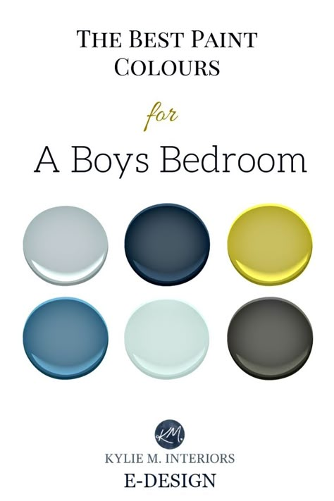 The best paint colour and accent ideas for a boys or teenager bedroom. Benjamin Moore. Kylie M INteriors E-design Boys Bedroom Colors, Kylie M Interiors, Boy Room Paint, Boys Bedroom Paint, Teenager Bedroom, Teenager Bedroom Boy, Teenage Boy Room, Boy Bedroom Ideas, Boy Bedrooms