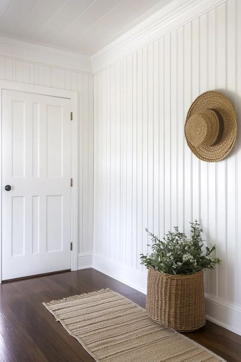 "Bring classic charm to your home with a DIY Beadboard Accent Wall! 🛠️🎨 Perfect for adding texture and style to any room. 🌟✨ #BeadboardWall #DIYAccentWall #HomeInspo" Floor To Ceiling Beadboard Walls, Shiplap Wall With Trim, High Bead Board Walls, Nickel Board Walls, Beadboard Office Wall, Basement Beadboard Walls, Beadboard Whole Wall, Accent Wall Bead Board, Farmhouse Wall Treatments