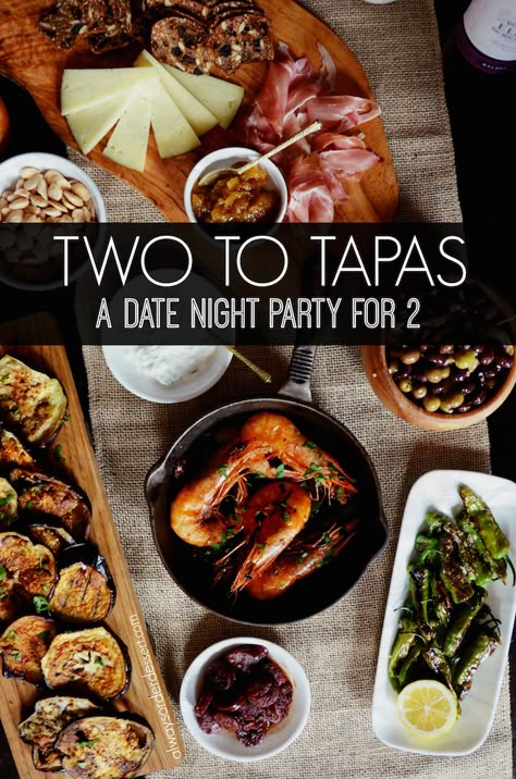 Ideas and recipes for hosting a date night spanish Tapas party at home! Perfect for a romantic evening with your spouse or boyfriend, or make it a party and invite over a few friends. Recipes for grilled eggplant, garlic shrimp, shishito peppers, chorizo in red wine, and more. Spanish Tapas Party, Tapas Night, Tapas Dinner, Tapas Party, Date Night Dinners, Night Recipes, Budget Cooking, Tapas Recipes, Date Night Recipes