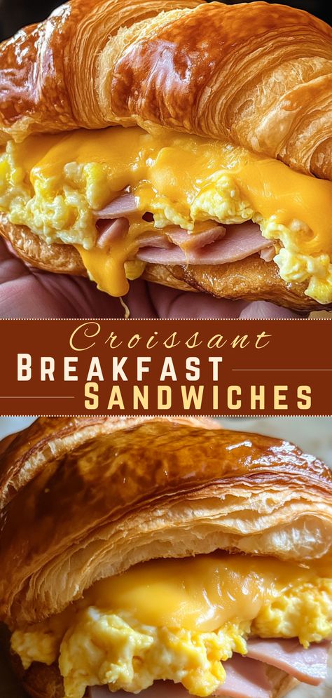 Gooey Cheesy Appetizers: Croissant Breakfast Sandwiches Croissant Recipe Sandwich, Large Batch Breakfast Sandwich, Ham And Egg Croissant Sandwich, Easy Croissant Breakfast Sandwiches, Croissant Breakfast Sandwich Sausage, Croissant Ideas Breakfast, Cheddars Honey Butter Croissant, French Toast Bacon Egg Sandwich, Canadian Bacon Breakfast Sandwich