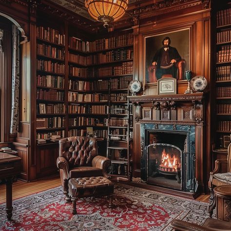 Classic Library Room: An inviting classic library room with a warm fireplace, leather armchair, and wooden shelves filled with books. #library #classic #fireplace #armchair #wooden #books #shelves #portrait #aiart #aiphoto #stockcake https://ayr.app/l/bN9V English Manor Library Study, Library Room Vintage, Old English Library Aesthetic, Victorian Era Library, Library Parlor Room, Old Fashioned Library Room, Fireplace In Library, English Library Aesthetic, 1900s Library