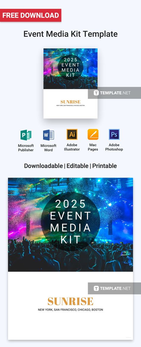 A media kit template for your upcoming event. This template is free to download and allows you to edit this file to better suit your preferences. It uses high-quality layout, including photos and graphic files. #mediakitdesign #mediakitTemplate #mediakitlayout #medikits#mediakit Media Kit Examples, Press Kit Template, Media Kit Design, Media Kit Template, Microsoft Publisher, Press Kit, Media Kit, Microsoft Word, Microsoft