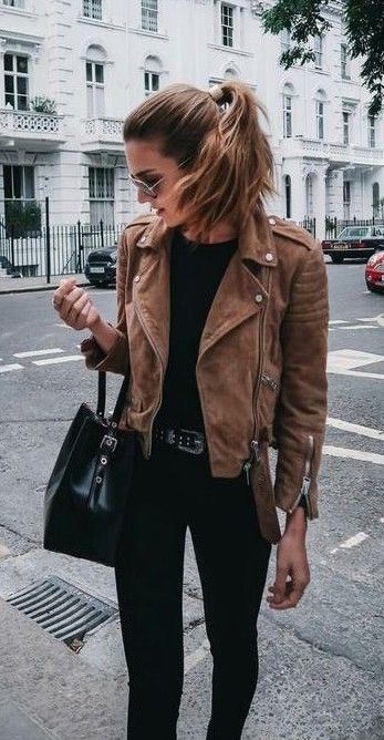 Biker Jacket Outfit Women, Brown Leather Jacket Outfits, Brown Suede Jacket Outfit, Motorcycle Jacket Outfit, Brown Leather Jacket Outfit, Biker Jacket Outfit, Brown Leather Motorcycle Jacket, Suede Jacket Outfit, Moto Jacket Outfit