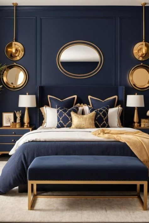 Navy Gold Bedroom, Blue And Gold Bedroom, Navy Bedrooms, Navy Blue Bedrooms, Sage Green Bedroom, Blue Bedroom Decor, Classy Bedroom, Gold Bedroom, Bedroom Wall Colors