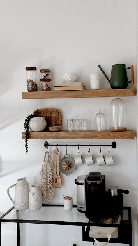 [PaidAd] 22 Perfect Coffee Bar Ideas Kitchen Counter Ideas To Save 2023 #coffeebarideaskitchencounter Coffee Station Corner Countertop, Minimalist Coffee Station, Coffee Bar Shelves, Kaffe Station, Float Shelf, Dining Room Shelves, Coffee Bar Ideas, Coffee Stations, Kitchen Shelf Decor