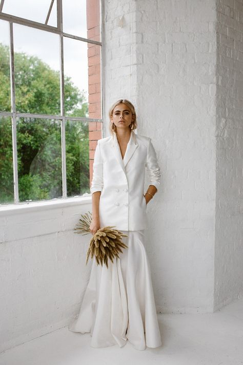 Wedding Dress With Blazer, Blazer Wedding Dress, Cool Bride Style, Wedding Dress Blazer, Wedding Dress Minimalist, Halfpenny London, Bridal Shoot, London Wedding, Bride Style