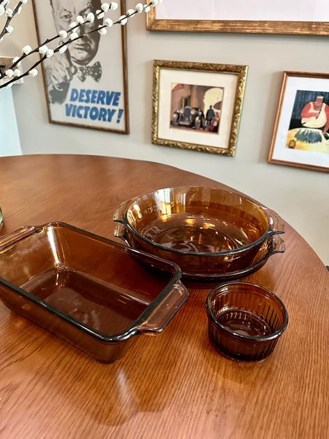 Amber Home Decor, Vintage Amber Glassware, Thrifted Dishware, Thrifted Dinnerware, Thrifted Kitchenware, Amber Dinnerware, Thrift Kitchen, Thrifted Dishes, Thrifted Glassware